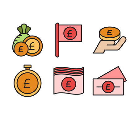 pound money banknote, flag and timer icons set vector illustrationのイラスト素材