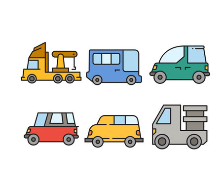 Set of transport icons in flat style. Car, truck, bus, car, car, truck, minibus.のイラスト素材