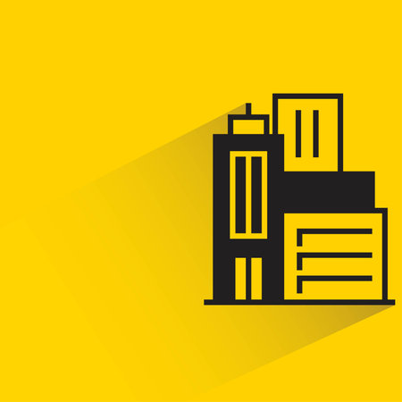 office tower building icon with shadow on yellow background, flat design, vector illustrationのイラスト素材