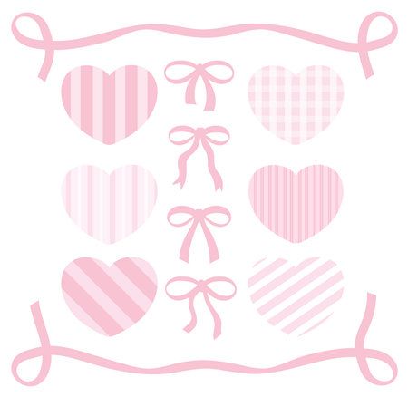 Pink vector illustration of various heart and ribbon designs with stripe and checked patterns for decorations,  cancer awareness, campaign badge, stickers, fabric print, pinのイラスト素材