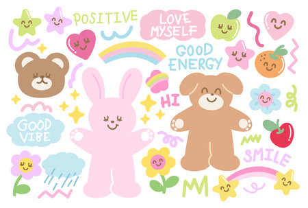 Teddy bear, bunny, puppy, flowers, star, heart, apple, orange, rainbow, rain and clouds for cartoon character, card print, animals, zoo, souvenir shop, patch, toy, doll, natureのイラスト素材