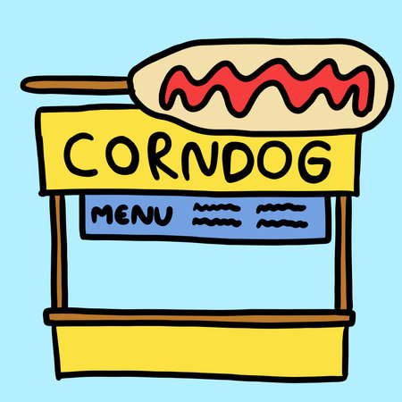 Hand drawn corndog sausage food stall for amusement park, theme park, street food, Asian snack, circus, food business, cute patch, family trip, travel, vacation, holidays, weekendsのイラスト素材