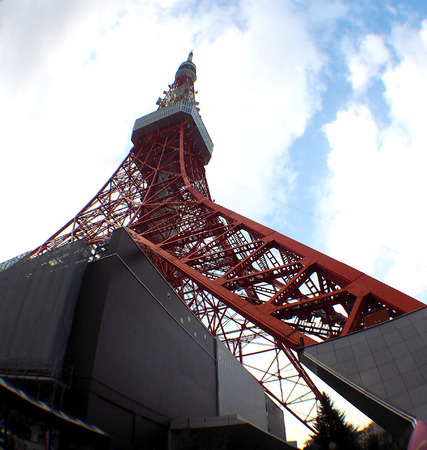 Tokyo tower red and white color steel metal and blue sky.の写真素材