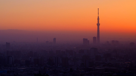 Silhouette of Tokyo sky tree building and landscape city in evening sunset.の写真素材