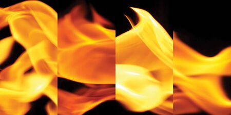 Fire for cooking is blazing dangerously close-up and yellow color on the black background.