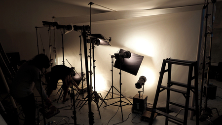 Lighting setup in studio for commercial works such as photo movie or video film production which use...