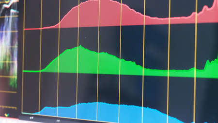 Color grading monitor. RGB colour correction indicator graph on screen in post production process. Telecine stage in video or film production processing. for colorist edit or adjust on digital movie.の写真素材