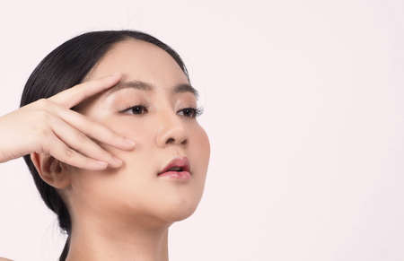 Beauty skin. makeup concept. Young pretty woman black hair and beauty face make up for skincare...