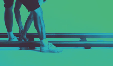 Dolly track setting up by film crew man. Behind the scene of video production crew setting dolly track in studio with professional equipment. Set up for shooting vdo production. film industry conceptの写真素材