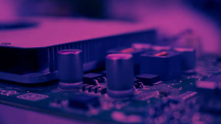 Semiconductor. cpu chip located on the green motherboard of the computer. Semi conductor motherboard circuit board. Hightech computer board with manufacture chip pcb technology. Smart phone iot chip.の写真素材