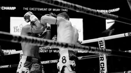 Bangkok Thailand November 11 2018. Unidentified Thai and foreign boxing players in competition fight Muay Thai Super Champ at Muay Thai Street Bangkok. Thai fight kick boxing. Illustrative Editorial.のeditorial素材