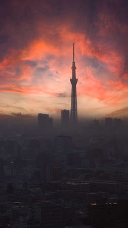 Tokyo Japan March 25 2016: Tokyo city and Tokyo Sky Tree tower. Skytree is Tallest structure in world when built. famous travel destination landmark of Japan. Tokyo skyline. Illustrative Editorial.のeditorial素材