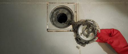 Drain cleaning. Clogged and dirty sewer pipes floor drain. Full of hair and accumulated clogged grease. Maintenance the floor drain sewage system in bathroom. fixing clean wash and unclog a drain.の写真素材