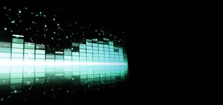 Sound equalizer. Wave pattern of music sounds element on monitor screen. Digital equalizer. Modern song equalisers dark background. Colorful waveform of musical soundtrack. Music equalizers display.の写真素材