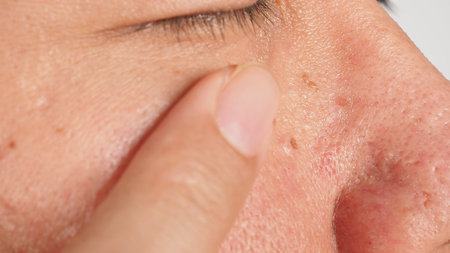 Wart skin removal. Macro shot of warts near eye on face. Papilloma on skin around eye nose and neck. Birthmark Papilla or mole on skin. small hard. benign growth on the skin caused by virus. Skincareの写真素材