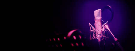 Professional microphone and anti vibration on mic stand. Microphone in sound studio production. Close up microphone and Shock mount pop filter at studio. Condenser mic against dark and copy space.の写真素材