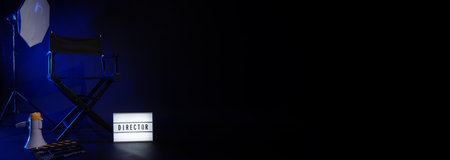 Director chair with cinema lightbox sign Director text on it and clapperboard megaphone and black...
