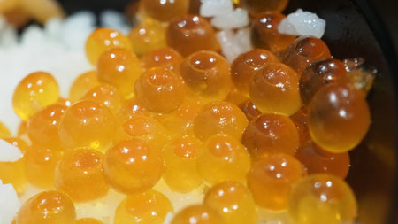 Close up of sashimi salmon roe with rice bowl or donburi in Japanese style food. Fresh raw red Salmon roe or Japanese red caviar. salmon roe pickled in soy sauce on rice. Japanese fierce salmon dishesの写真素材