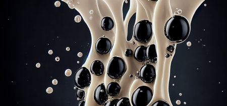 Bubble milk tea with tapioca balls splashing against black background. Taiwan milk tea with Boba or...