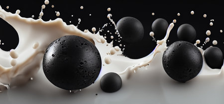Bubble milk tea with tapioca balls splashing against black background. Taiwan milk tea with Boba or black pearl bubbles. Taiwanese drinking. Orange Latte milktea splash isolated on black. Close up.の写真素材