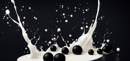 Bubble milk tea with tapioca balls splashing against black background. Taiwan milk tea with Boba or black pearl bubbles. Taiwanese drinking. Orange Latte milktea splash isolated on black. Close up.の写真素材