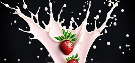 Strawberry milk splashing with strawberry isolated on Black background. Strawberry falling into pink milk or yogurt creamy liquid drink splash. Milky splash with strawberries against black. Close upの写真素材