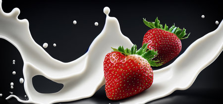 Strawberry milk splashing with strawberry isolated on Black background. Strawberry falling into pink milk or yogurt creamy liquid drink splash. Milky splash with strawberries against black. Close upの写真素材