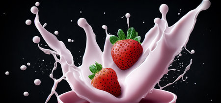 Strawberry milk splashing with strawberry isolated on Black background. Strawberry falling into pink milk or yogurt creamy liquid drink splash. Milky splash with strawberries against black. Close upの写真素材