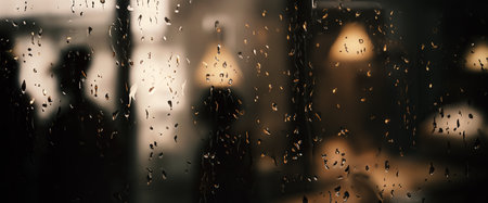 Rain drop on window glass of coffee shop and blurry city life background. Rainy season and blurry people city day life or bokeh night lights outside window. Coffee shop window covered with rain waterの写真素材