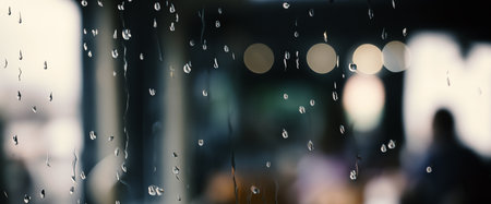 Rain drop on window glass of coffee shop and blurry city life background. Rainy season and blurry...