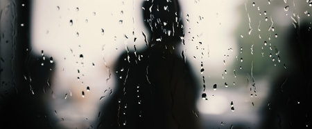 Rain drop on window glass of coffee shop and blurry city life background. Rainy season and blurry people city day life or bokeh night lights outside window. Coffee shop window covered with rain waterの写真素材