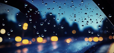 Rain shower on car windshield or car window and blurry road in background. Driving in rainy season. Rain drops on car mirror. Traffic road in evening rain. Drizzle raining decreases driving visibilityの写真素材