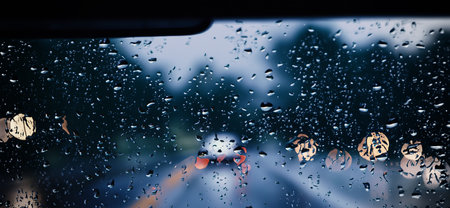 Rain shower on car windshield or car window and blurry road in background. Driving in rainy season. Rain drops on car mirror. Traffic road in evening rain. Drizzle raining decreases driving visibilityの写真素材