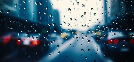 Rain shower on car windshield or car window and blurry road in background. Driving in rainy season. Rain drops on car mirror. Traffic road in evening rain. Drizzle raining decreases driving visibilityの写真素材
