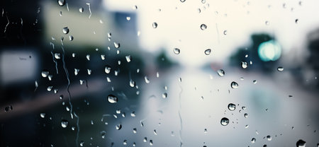 Rain shower on car windshield or car window and blurry road in background. Driving in rainy season....