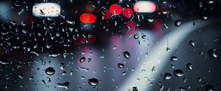 Driving in raining. Rain on car windshield or car window in rainy season and blurry traffic road in...