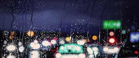 Driving in raining. Rain on car windshield or car window in rainy season and blurry traffic road in...