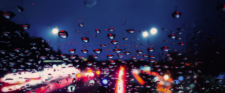 Driving in raining. Rain on car windshield or car window in rainy season and blurry traffic road in...