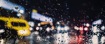 Driving in raining. Rain on car windshield or car window in rainy season and blurry traffic road in background. Rain drops on car mirror. Road in rain. Drizzle raining decreases driving visibility.の写真素材