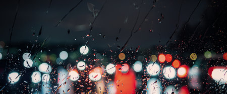 Driving in raining. Rain on car windshield or car window in rainy season and blurry traffic road in...