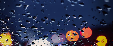 Driving in raining. Rain on car windshield or car window in rainy season and blurry traffic road in...