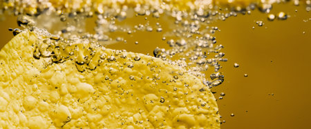 Deep fried potato chips under golden oil water. Frying rounded potatoes chip with hot boiling oil bubbles. Fast food and snack. Underwater cooking oily french fries or potatos chips in oils backgroundの写真素材