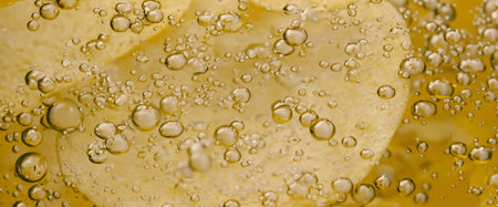 Deep fried potato chips under golden oil water. Frying rounded potatoes chip with hot boiling oil bubbles. Fast food and snack. Underwater cooking oily french fries or potatos chips in oils backgroundの写真素材