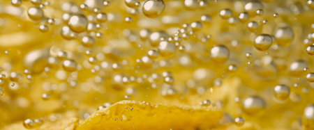 Deep fried potato chips under golden oil water. Frying rounded potatoes chip with hot boiling oil bubbles. Fast food and snack. Underwater cooking oily french fries or potatos chips in oils backgroundの写真素材