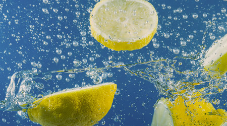 Underwater lemon slice in soda water or lemonade with bubbles. Refreshing soda tonic fizzy cocktail. Close up of lemons and ice cubes in glass. Lime in splashing sparkling water cold drink beverage.の写真素材