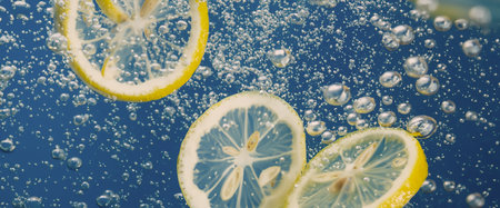 Underwater lemon slice in soda water or lemonade with bubbles. Refreshing soda tonic fizzy cocktail. Close up of lemons and ice cubes in glass. Lime in splashing sparkling water cold drink beverage.の写真素材