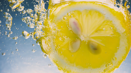 Underwater lemon slice in soda water or lemonade with bubbles. Refreshing soda tonic fizzy cocktail. Close up of lemons and ice cubes in glass. Lime in splashing sparkling water cold drink beverage.の写真素材