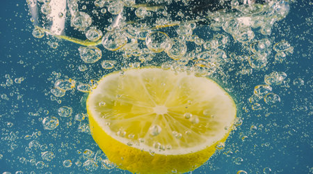 Underwater lemon slice in soda water or lemonade with bubbles. Refreshing soda tonic fizzy cocktail....
