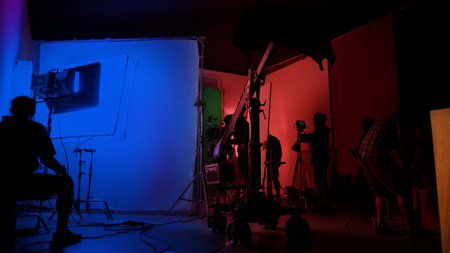 Silhouette images of making of or behind the scenes of video production which produced in the film...