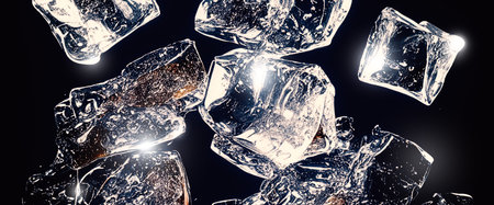 Water splashing and ice cube. Ice splashing into a glass of water. Underwater pouring ice cubes...